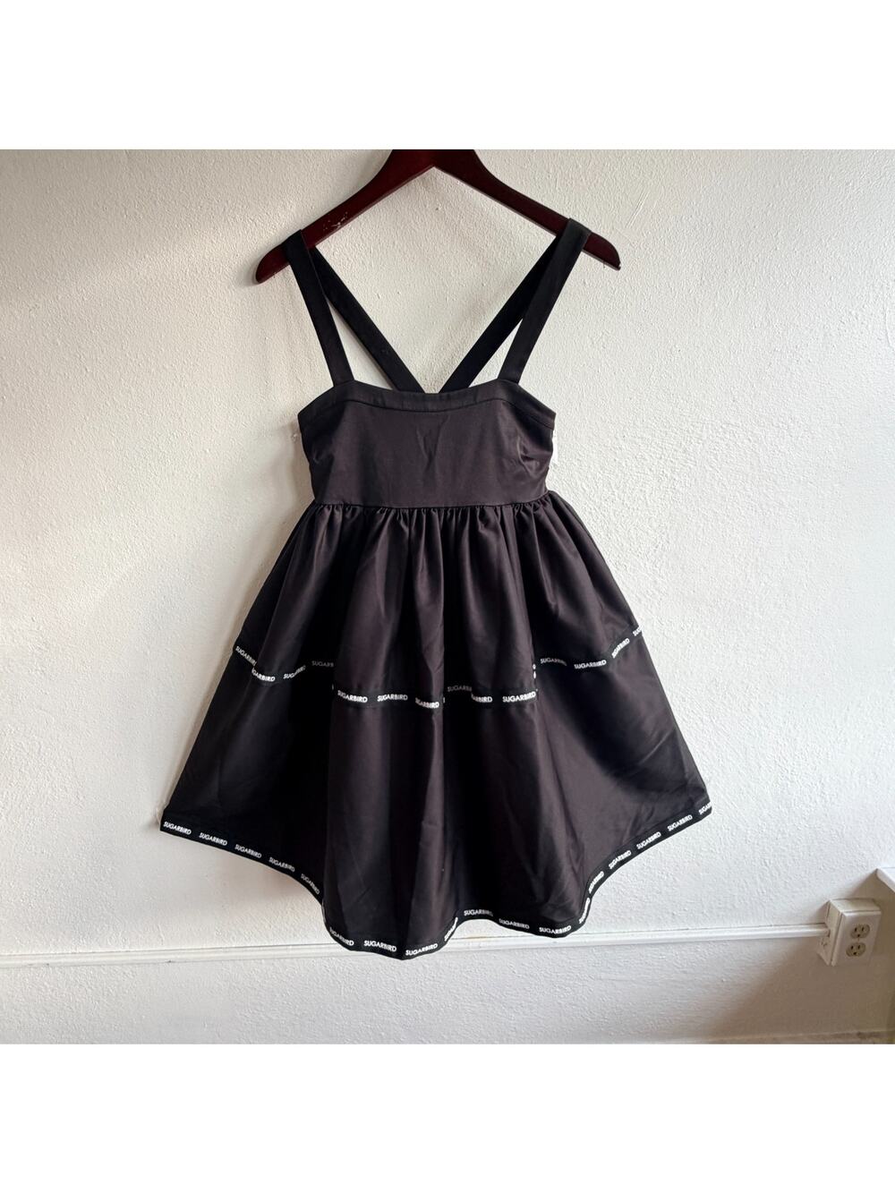 SUGARBIRD Black Skater Mini Dress Logo Trim Crossover Straps Womens Size 6